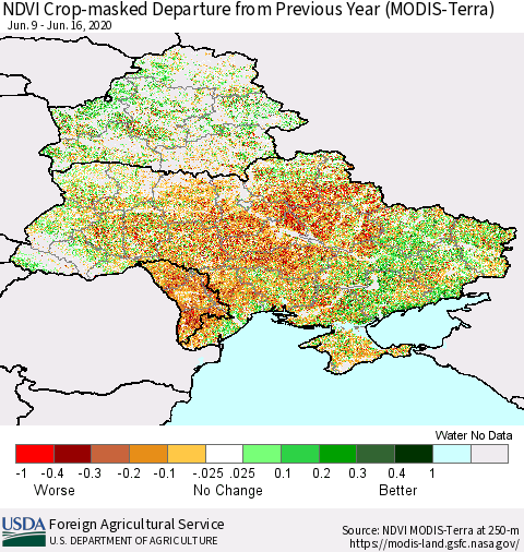 Ukraine, Moldova and Belarus Cropland NDVI Departure from Previous Year (Terra-MODIS) Thematic Map For 6/11/2020 - 6/20/2020