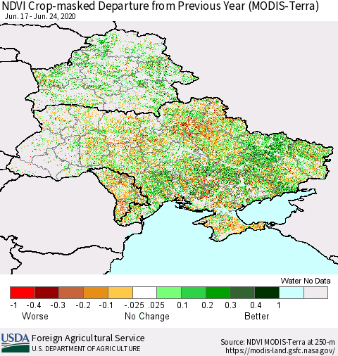 Ukraine, Moldova and Belarus Cropland NDVI Departure from Previous Year (Terra-MODIS) Thematic Map For 6/21/2020 - 6/30/2020