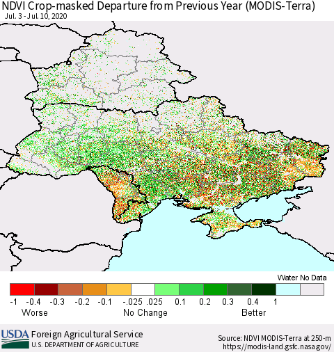 Ukraine, Moldova and Belarus Cropland NDVI Departure from Previous Year (Terra-MODIS) Thematic Map For 7/1/2020 - 7/10/2020