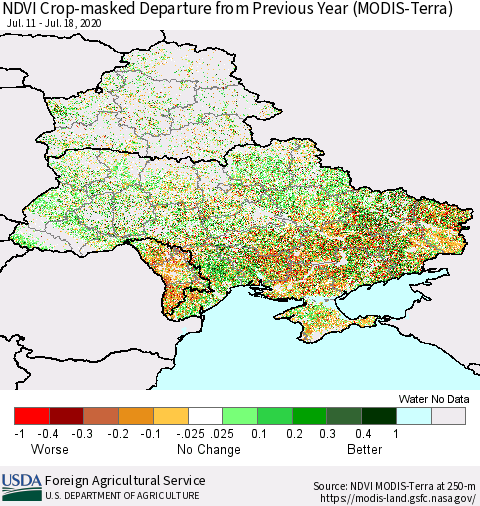 Ukraine, Moldova and Belarus Cropland NDVI Departure from Previous Year (Terra-MODIS) Thematic Map For 7/11/2020 - 7/20/2020