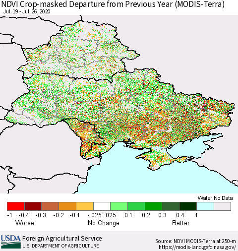Ukraine, Moldova and Belarus Cropland NDVI Departure from Previous Year (Terra-MODIS) Thematic Map For 7/21/2020 - 7/31/2020