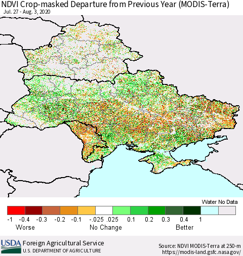 Ukraine, Moldova and Belarus Cropland NDVI Departure from Previous Year (Terra-MODIS) Thematic Map For 8/1/2020 - 8/10/2020