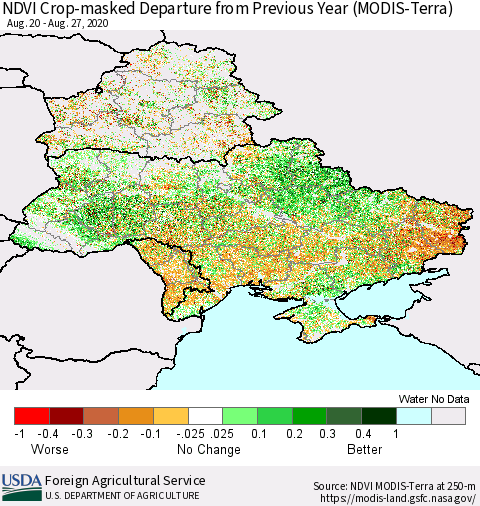 Ukraine, Moldova and Belarus Cropland NDVI Departure from Previous Year (Terra-MODIS) Thematic Map For 8/21/2020 - 8/31/2020