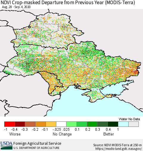 Ukraine, Moldova and Belarus Cropland NDVI Departure from Previous Year (Terra-MODIS) Thematic Map For 9/1/2020 - 9/10/2020