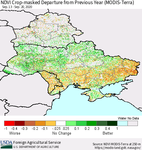 Ukraine, Moldova and Belarus Cropland NDVI Departure from Previous Year (Terra-MODIS) Thematic Map For 9/11/2020 - 9/20/2020