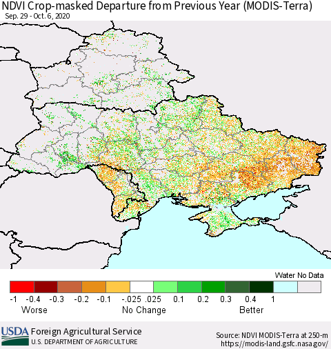 Ukraine, Moldova and Belarus Cropland NDVI Departure from Previous Year (Terra-MODIS) Thematic Map For 10/1/2020 - 10/10/2020