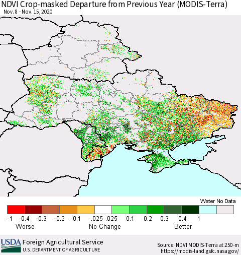 Ukraine, Moldova and Belarus Cropland NDVI Departure from Previous Year (Terra-MODIS) Thematic Map For 11/11/2020 - 11/20/2020