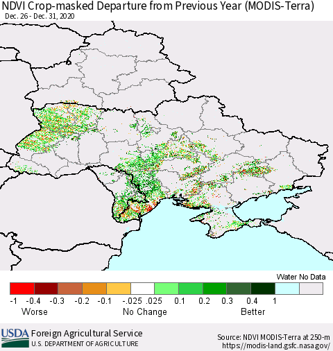 Ukraine, Moldova and Belarus Cropland NDVI Departure from Previous Year (Terra-MODIS) Thematic Map For 12/21/2020 - 12/31/2020