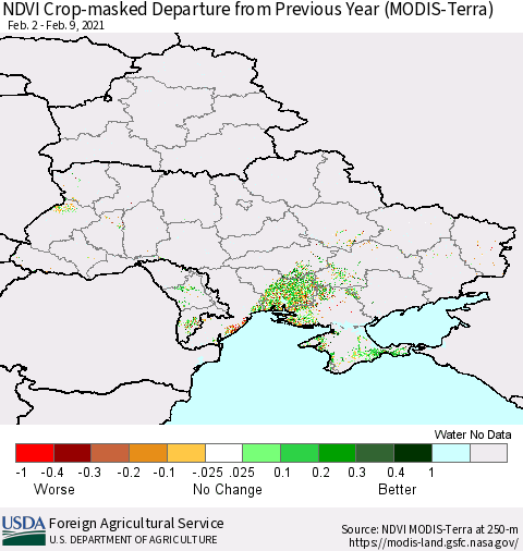 Ukraine, Moldova and Belarus Cropland NDVI Departure from Previous Year (Terra-MODIS) Thematic Map For 2/1/2021 - 2/10/2021