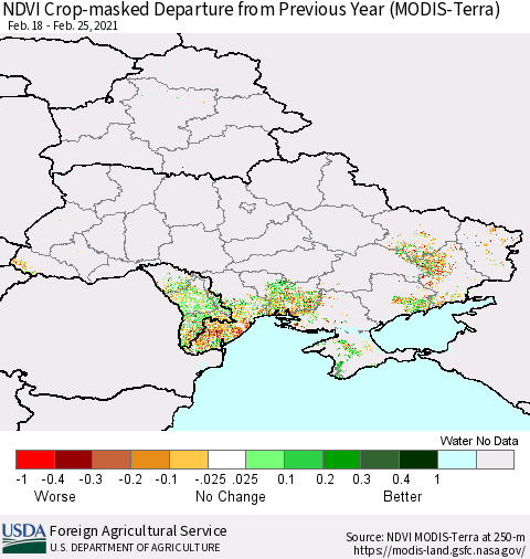 Ukraine, Moldova and Belarus Cropland NDVI Departure from Previous Year (Terra-MODIS) Thematic Map For 2/21/2021 - 2/28/2021