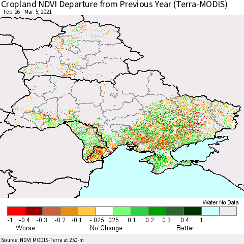 Ukraine, Moldova and Belarus Cropland NDVI Departure from Previous Year (Terra-MODIS) Thematic Map For 2/26/2021 - 3/5/2021