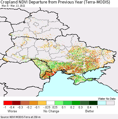 Ukraine, Moldova and Belarus Cropland NDVI Departure from Previous Year (Terra-MODIS) Thematic Map For 3/6/2021 - 3/13/2021