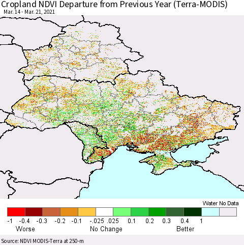 Ukraine, Moldova and Belarus Cropland NDVI Departure from Previous Year (Terra-MODIS) Thematic Map For 3/14/2021 - 3/21/2021
