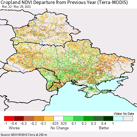 Ukraine, Moldova and Belarus Cropland NDVI Departure from Previous Year (Terra-MODIS) Thematic Map For 3/22/2021 - 3/29/2021