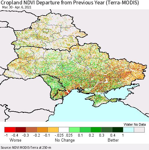 Ukraine, Moldova and Belarus Cropland NDVI Departure from Previous Year (Terra-MODIS) Thematic Map For 3/30/2021 - 4/6/2021