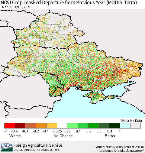 Ukraine, Moldova and Belarus Cropland NDVI Departure from Previous Year (Terra-MODIS) Thematic Map For 4/1/2021 - 4/10/2021