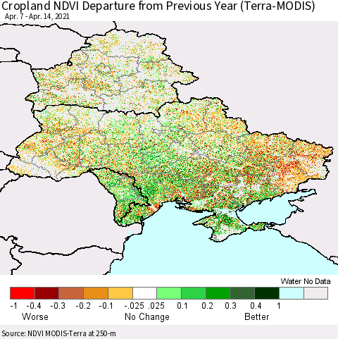 Ukraine, Moldova and Belarus Cropland NDVI Departure from Previous Year (Terra-MODIS) Thematic Map For 4/7/2021 - 4/14/2021