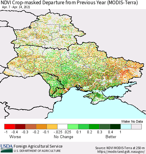 Ukraine, Moldova and Belarus Cropland NDVI Departure from Previous Year (Terra-MODIS) Thematic Map For 4/11/2021 - 4/20/2021