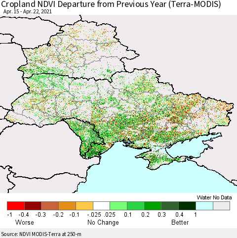 Ukraine, Moldova and Belarus Cropland NDVI Departure from Previous Year (Terra-MODIS) Thematic Map For 4/15/2021 - 4/22/2021