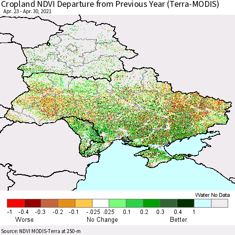 Ukraine, Moldova and Belarus Cropland NDVI Departure from Previous Year (Terra-MODIS) Thematic Map For 4/21/2021 - 4/30/2021
