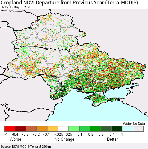 Ukraine, Moldova and Belarus Cropland NDVI Departure from Previous Year (Terra-MODIS) Thematic Map For 5/1/2021 - 5/8/2021