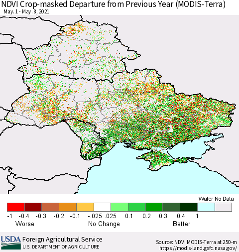Ukraine, Moldova and Belarus Cropland NDVI Departure from Previous Year (Terra-MODIS) Thematic Map For 5/1/2021 - 5/10/2021
