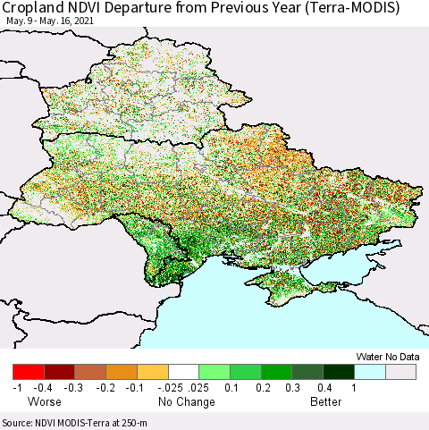 Ukraine, Moldova and Belarus Cropland NDVI Departure from Previous Year (Terra-MODIS) Thematic Map For 5/9/2021 - 5/16/2021