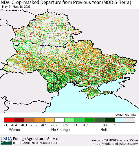Ukraine, Moldova and Belarus Cropland NDVI Departure from Previous Year (Terra-MODIS) Thematic Map For 5/11/2021 - 5/20/2021