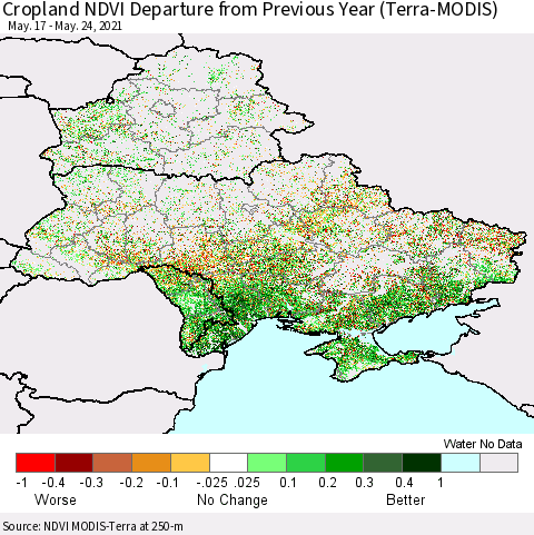 Ukraine, Moldova and Belarus Cropland NDVI Departure from Previous Year (Terra-MODIS) Thematic Map For 5/17/2021 - 5/24/2021