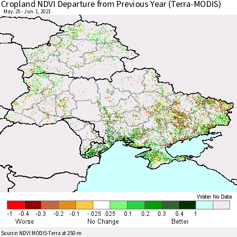 Ukraine, Moldova and Belarus Cropland NDVI Departure from Previous Year (Terra-MODIS) Thematic Map For 5/25/2021 - 6/1/2021