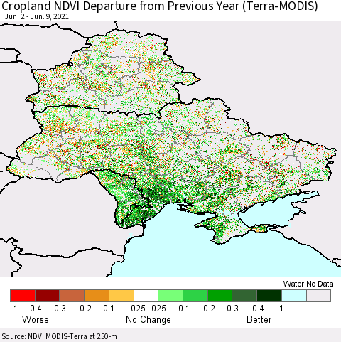 Ukraine, Moldova and Belarus Cropland NDVI Departure from Previous Year (Terra-MODIS) Thematic Map For 6/2/2021 - 6/9/2021