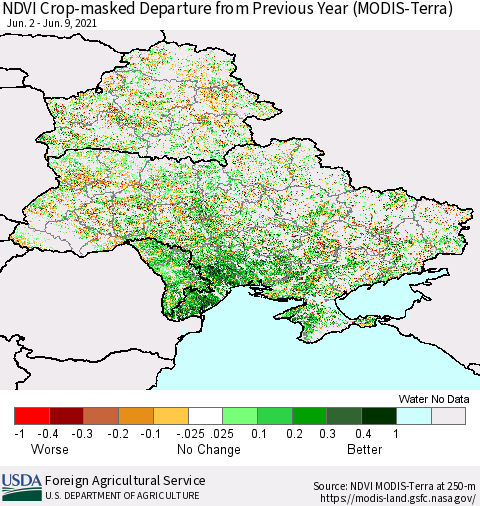 Ukraine, Moldova and Belarus Cropland NDVI Departure from Previous Year (Terra-MODIS) Thematic Map For 6/1/2021 - 6/10/2021
