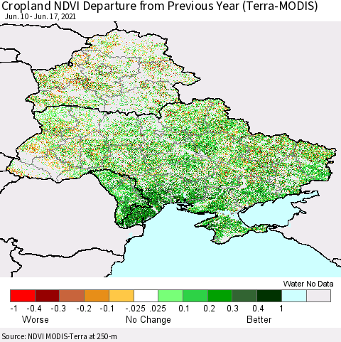 Ukraine, Moldova and Belarus Cropland NDVI Departure from Previous Year (Terra-MODIS) Thematic Map For 6/10/2021 - 6/17/2021