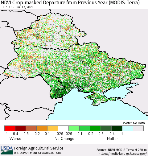 Ukraine, Moldova and Belarus Cropland NDVI Departure from Previous Year (Terra-MODIS) Thematic Map For 6/11/2021 - 6/20/2021