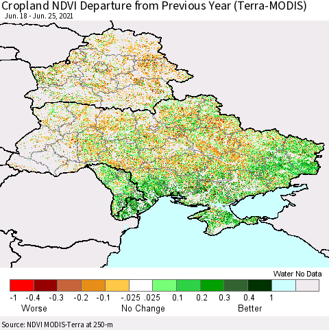 Ukraine, Moldova and Belarus Cropland NDVI Departure from Previous Year (Terra-MODIS) Thematic Map For 6/18/2021 - 6/25/2021