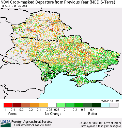 Ukraine, Moldova and Belarus Cropland NDVI Departure from Previous Year (Terra-MODIS) Thematic Map For 6/21/2021 - 6/30/2021