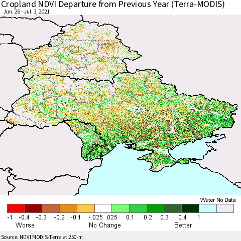 Ukraine, Moldova and Belarus Cropland NDVI Departure from Previous Year (Terra-MODIS) Thematic Map For 6/26/2021 - 7/3/2021