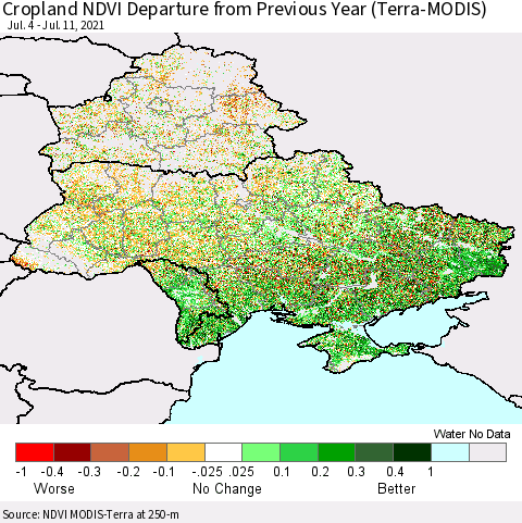 Ukraine, Moldova and Belarus Cropland NDVI Departure from Previous Year (Terra-MODIS) Thematic Map For 7/4/2021 - 7/11/2021