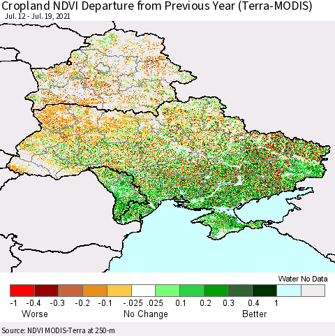 Ukraine, Moldova and Belarus Cropland NDVI Departure from Previous Year (Terra-MODIS) Thematic Map For 7/12/2021 - 7/19/2021