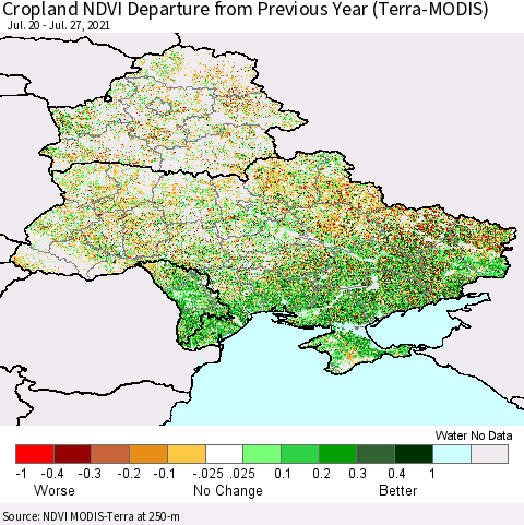 Ukraine, Moldova and Belarus Cropland NDVI Departure from Previous Year (Terra-MODIS) Thematic Map For 7/20/2021 - 7/27/2021