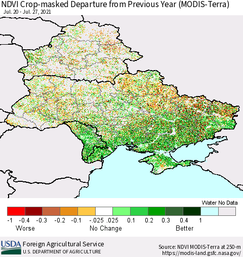 Ukraine, Moldova and Belarus Cropland NDVI Departure from Previous Year (Terra-MODIS) Thematic Map For 7/21/2021 - 7/31/2021