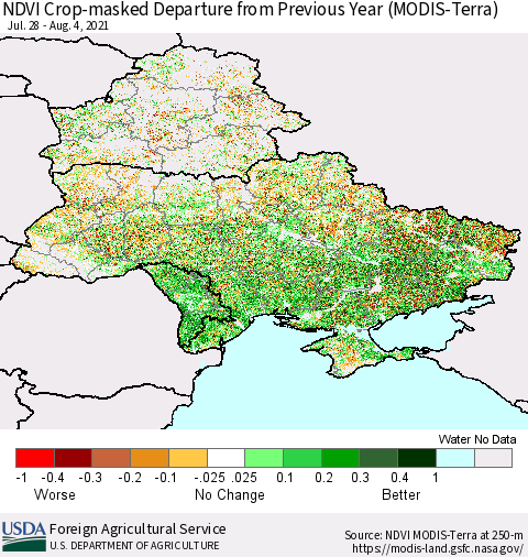 Ukraine, Moldova and Belarus Cropland NDVI Departure from Previous Year (Terra-MODIS) Thematic Map For 8/1/2021 - 8/10/2021