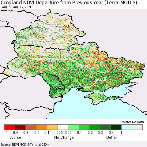 Ukraine, Moldova and Belarus Cropland NDVI Departure from Previous Year (Terra-MODIS) Thematic Map For 8/5/2021 - 8/12/2021