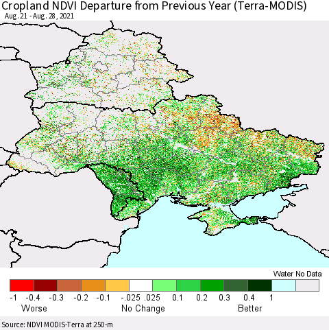 Ukraine, Moldova and Belarus Cropland NDVI Departure from Previous Year (Terra-MODIS) Thematic Map For 8/21/2021 - 8/28/2021