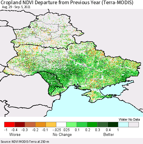 Ukraine, Moldova and Belarus Cropland NDVI Departure from Previous Year (Terra-MODIS) Thematic Map For 8/29/2021 - 9/5/2021