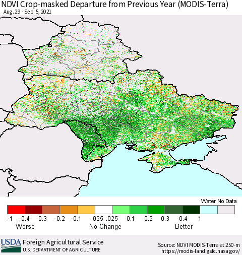 Ukraine, Moldova and Belarus Cropland NDVI Departure from Previous Year (Terra-MODIS) Thematic Map For 9/1/2021 - 9/10/2021