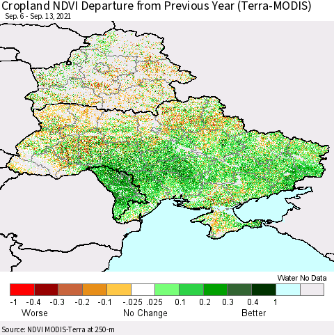 Ukraine, Moldova and Belarus Cropland NDVI Departure from Previous Year (Terra-MODIS) Thematic Map For 9/6/2021 - 9/13/2021