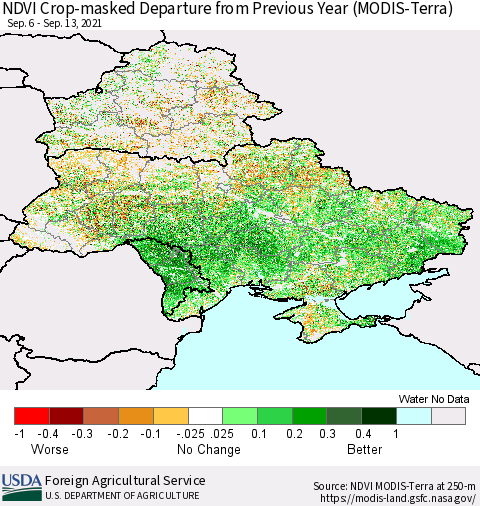 Ukraine, Moldova and Belarus Cropland NDVI Departure from Previous Year (Terra-MODIS) Thematic Map For 9/11/2021 - 9/20/2021
