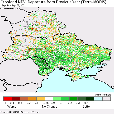 Ukraine, Moldova and Belarus Cropland NDVI Departure from Previous Year (Terra-MODIS) Thematic Map For 9/14/2021 - 9/21/2021