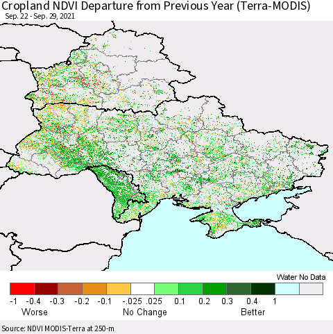 Ukraine, Moldova and Belarus Cropland NDVI Departure from Previous Year (Terra-MODIS) Thematic Map For 9/22/2021 - 9/29/2021